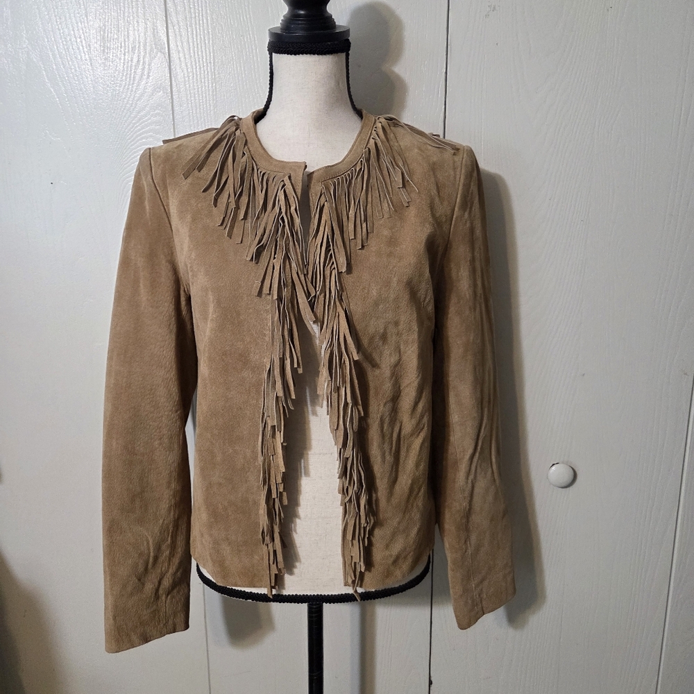 suede fringe cowgirl leather coat open front adler wms M tan rodeo western boho